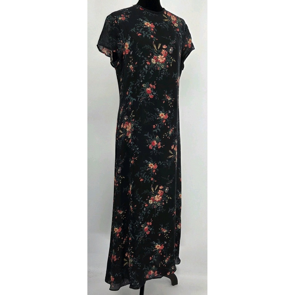 Ralph Lauren Womens Silk Maxi Dress 12 Floral Print Short Sleeve Blue